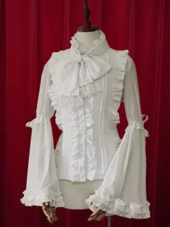 Chiffon Lolita Blouse Long Hime Sleeves Stand Collar Ruffles Lace Up