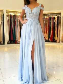 Chiffon Prom Dress 2026 A Line V Neck Floor Length Split Party Dresses Free Customization