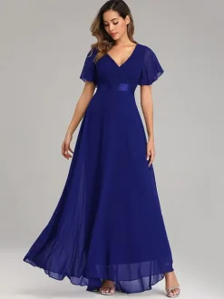 Chiffon Prom Dresses V-Neck Short Sleeves Semi Formal Maxi Dress In Burgundy