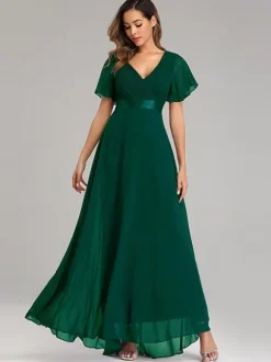 Chiffon Prom Dresses V-Neck Short Sleeves Semi Formal Maxi Dress In Burgundy