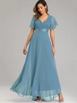 Chiffon Prom Dresses V-Neck Short Sleeves Semi Formal Maxi Dress In Burgundy