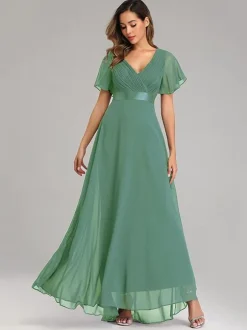 Chiffon Prom Dresses V-Neck Short Sleeves Semi Formal Maxi Dress In Burgundy