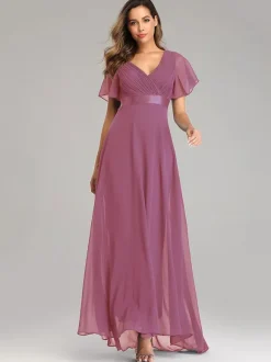 Chiffon Prom Dresses V-Neck Short Sleeves Semi Formal Maxi Dress In Burgundy