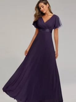 Chiffon Prom Dresses V-Neck Short Sleeves Semi Formal Maxi Dress In Burgundy