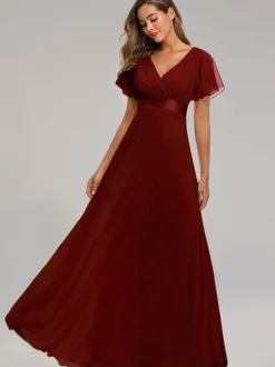 Chiffon Prom Dresses V-Neck Short Sleeves Semi Formal Maxi Dress In Burgundy