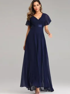 Chiffon Prom Dresses V-Neck Short Sleeves Semi Formal Maxi Dress In Burgundy