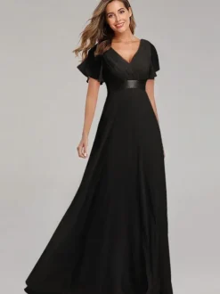 Chiffon Prom Dresses V-Neck Short Sleeves Semi Formal Maxi Dress In Burgundy