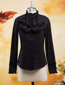 Chiffon Blouse Long Sleeves Stand Collar Ruffles Bow
