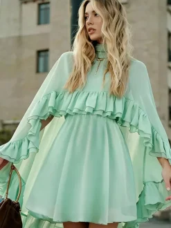 Chiffon Cape Mini Slip Dress For Women - Elegant Ruffle Tiered 2 Piece Set - Spring Wedding Guest Party Cocktail 2026