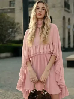 Chiffon Cape Mini Slip Dress For Women - Elegant Ruffle Tiered 2 Piece Set - Spring Wedding Guest Party Cocktail 2026