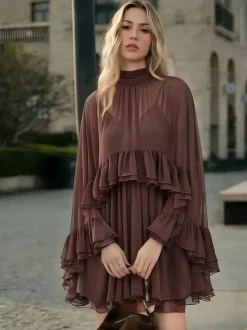 Chiffon Cape Mini Slip Dress For Women - Elegant Ruffle Tiered 2 Piece Set - Spring Wedding Guest Party Cocktail 2026