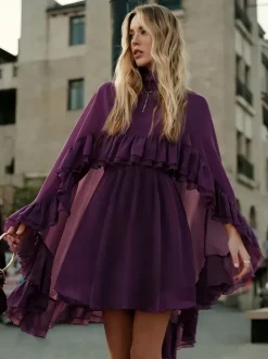 Chiffon Cape Mini Slip Dress For Women - Elegant Ruffle Tiered 2 Piece Set - Spring Wedding Guest Party Cocktail 2026