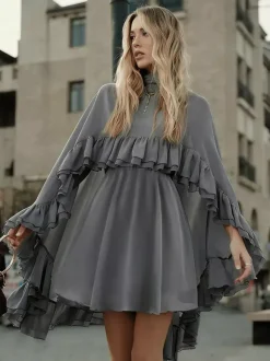 Chiffon Cape Mini Slip Dress For Women - Elegant Ruffle Tiered 2 Piece Set - Spring Wedding Guest Party Cocktail 2026