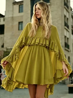 Chiffon Cape Mini Slip Dress For Women - Elegant Ruffle Tiered 2 Piece Set - Spring Wedding Guest Party Cocktail 2026