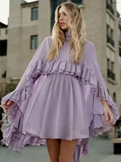 Chiffon Cape Mini Slip Dress For Women - Elegant Ruffle Tiered 2 Piece Set - Spring Wedding Guest Party Cocktail 2026