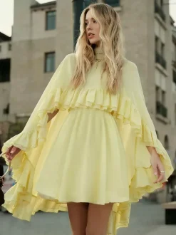 Chiffon Cape Mini Slip Dress For Women - Elegant Ruffle Tiered 2 Piece Set - Spring Wedding Guest Party Cocktail 2026