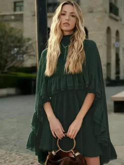 Chiffon Cape Mini Slip Dress For Women - Elegant Ruffle Tiered 2 Piece Set - Spring Wedding Guest Party Cocktail 2026