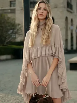 Chiffon Cape Mini Slip Dress For Women - Elegant Ruffle Tiered 2 Piece Set - Spring Wedding Guest Party Cocktail 2026