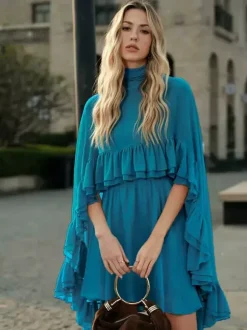 Chiffon Cape Mini Slip Dress For Women - Elegant Ruffle Tiered 2 Piece Set - Spring Wedding Guest Party Cocktail 2026