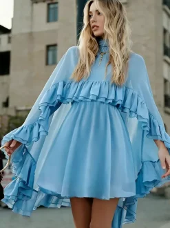 Chiffon Cape Mini Slip Dress For Women - Elegant Ruffle Tiered 2 Piece Set - Spring Wedding Guest Party Cocktail 2026