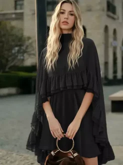 Chiffon Cape Mini Slip Dress For Women - Elegant Ruffle Tiered 2 Piece Set - Spring Wedding Guest Party Cocktail 2026