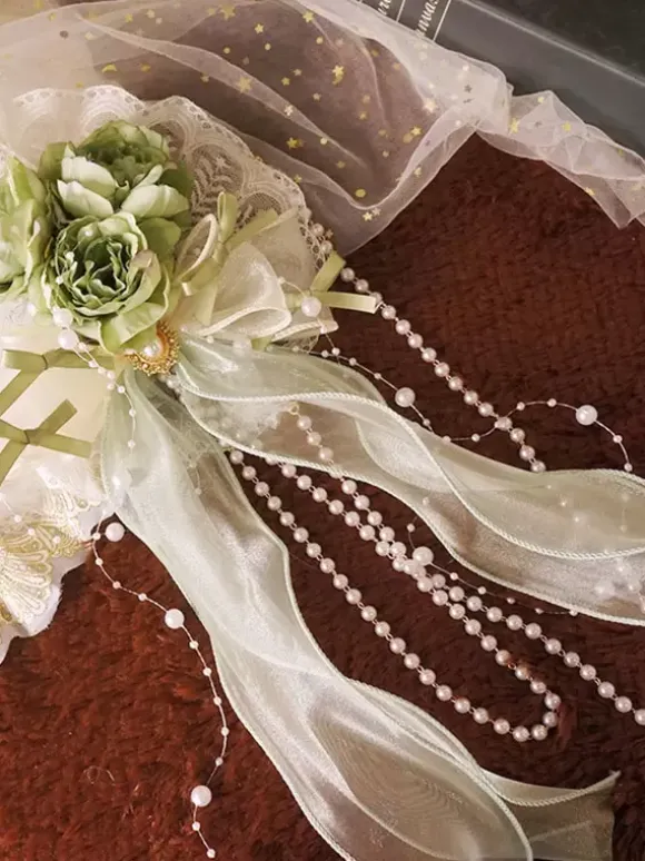 Chinese Style Lolita Accessories Green Pearls Bows Flowers Polyester Fiber Accessory Miscellaneous