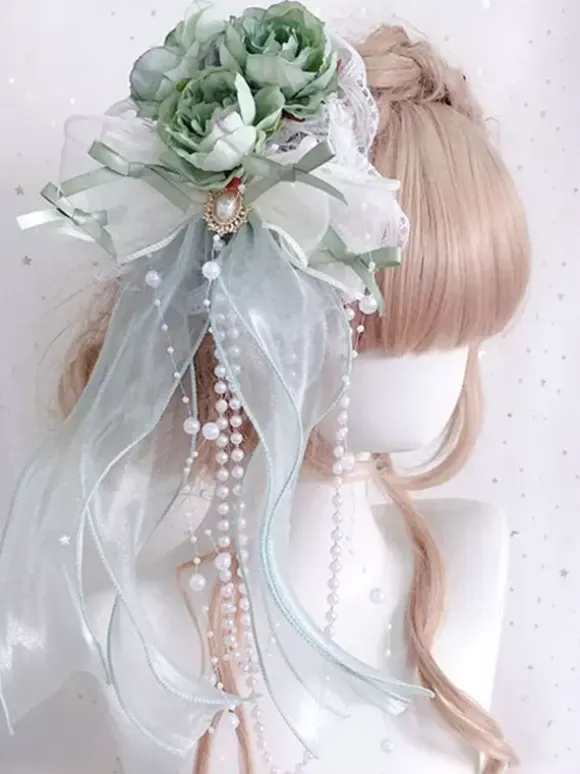 Chinese Style Lolita Accessories Green Pearls Bows Flowers Polyester Fiber Accessory Miscellaneous