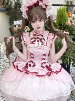 Chinese Style Lolita Dress Pink Sleeveless Jacquard Fringe Sweet Polyester Kawaii Fashion