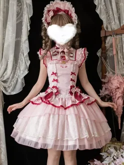 Chinese Style Lolita Dress Pink Sleeveless Jacquard Fringe Sweet Polyester Kawaii Fashion