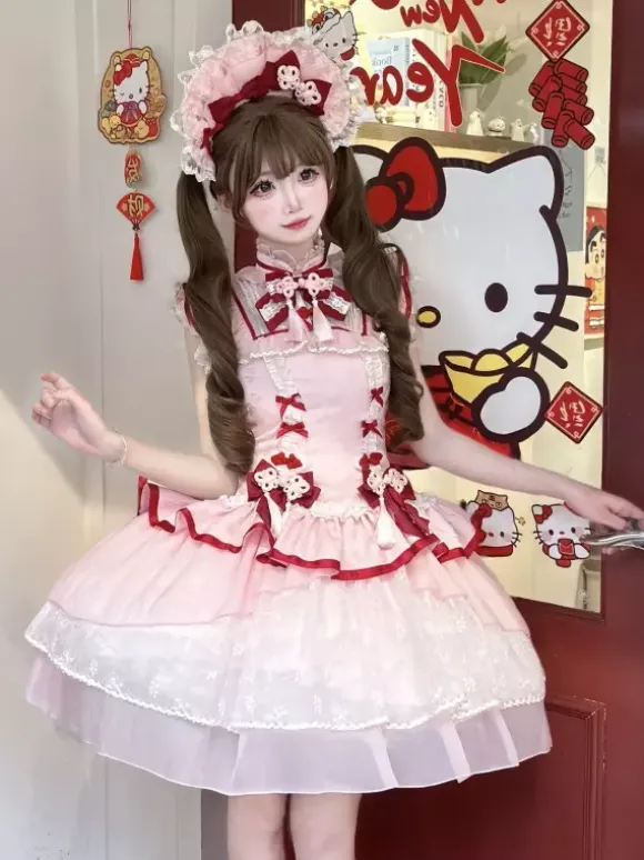 Chinese Style Lolita Dress Pink Sleeveless Jacquard Fringe Sweet Polyester Kawaii Fashion