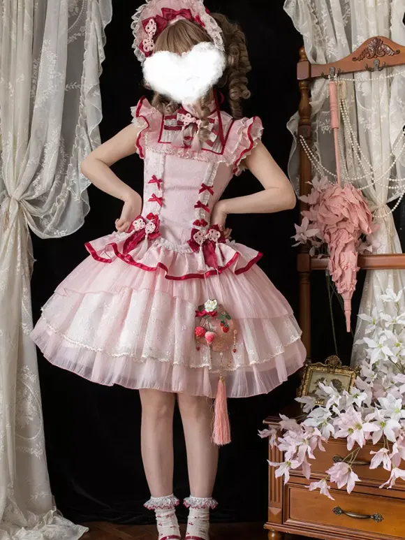 Chinese Style Lolita Dress Pink Sleeveless Jacquard Fringe Sweet Polyester Kawaii Fashion