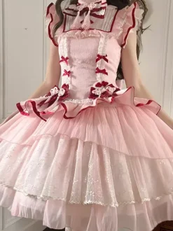 Chinese Style Lolita Dress Pink Sleeveless Jacquard Fringe Sweet Polyester Kawaii Fashion