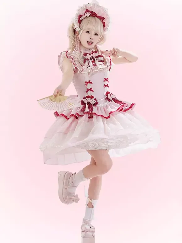 Chinese Style Lolita Dress Pink Sleeveless Jacquard Fringe Sweet Polyester Kawaii Fashion