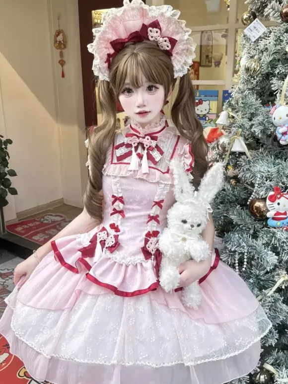 Chinese Style Lolita Dress Pink Sleeveless Jacquard Fringe Sweet Polyester Kawaii Fashion