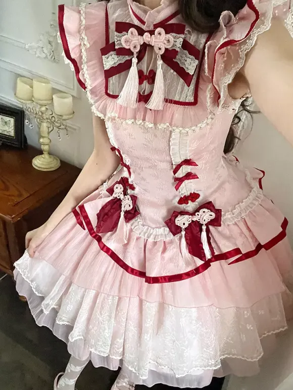 Chinese Style Lolita Dress Pink Sleeveless Jacquard Fringe Sweet Polyester Kawaii Fashion