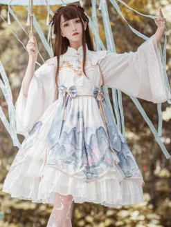 Chinese Style Lolita OP Dress White Polyester Long Sleeves Tassels Traditional Chinese Lolita One Piece Dresses