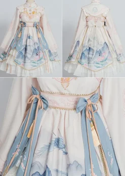 Chinese Style Lolita OP Dress White Polyester Long Sleeves Tassels Traditional Chinese Lolita One Piece Dresses