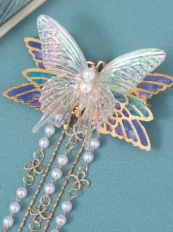 Chinese Style Lolita Accessories Lilac Butterfly Pearls Chains Metal Accessory Miscellaneous