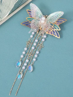 Chinese Style Lolita Accessories Lilac Butterfly Pearls Chains Metal Accessory Miscellaneous