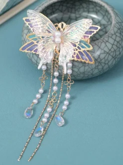 Chinese Style Lolita Accessories Lilac Butterfly Pearls Chains Metal Accessory Miscellaneous