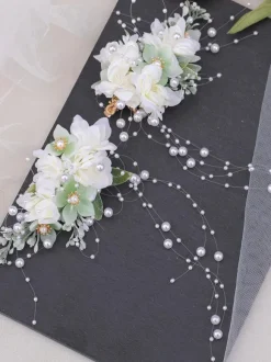 Chinese Style Lolita Accessories Ecru White Flowers Pearls Chains Metal Accessory Miscellaneous