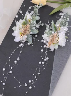 Chinese Style Lolita Accessories Ecru White Flowers Pearls Chains Metal Accessory Miscellaneous