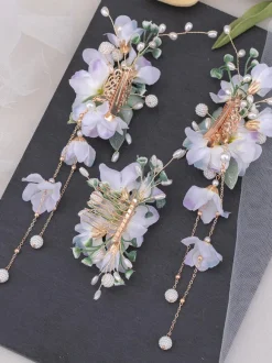 Chinese Style Lolita Accessories Lilac Pearls Chains Flowers Metal Accessory Miscellaneous