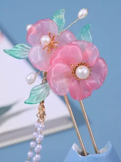 Chinese style Lolita Accessories Pink Flowers Pearls Headwear Metal Miscellaneous