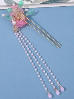 Chinese style Lolita Accessories Pink Flowers Pearls Headwear Metal Miscellaneous