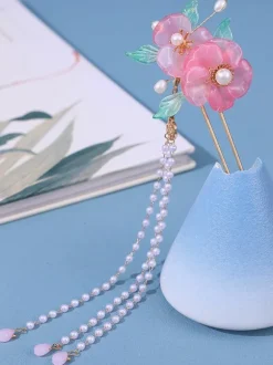 Chinese style Lolita Accessories Pink Flowers Pearls Headwear Metal Miscellaneous