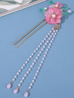 Chinese style Lolita Accessories Pink Flowers Pearls Headwear Metal Miscellaneous