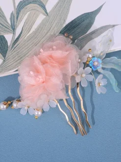 Chinese style Lolita Accessories Pink Pearls Flowers Headwear Metal Miscellaneous