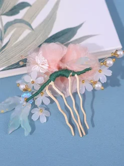 Chinese style Lolita Accessories Pink Pearls Flowers Headwear Metal Miscellaneous