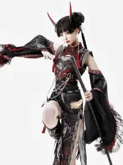 Chinese Style Lolita Dress Criss-Cross Long Sleeves Polyester Chinese Style Animal Print Black Red Chinese Style Lolita